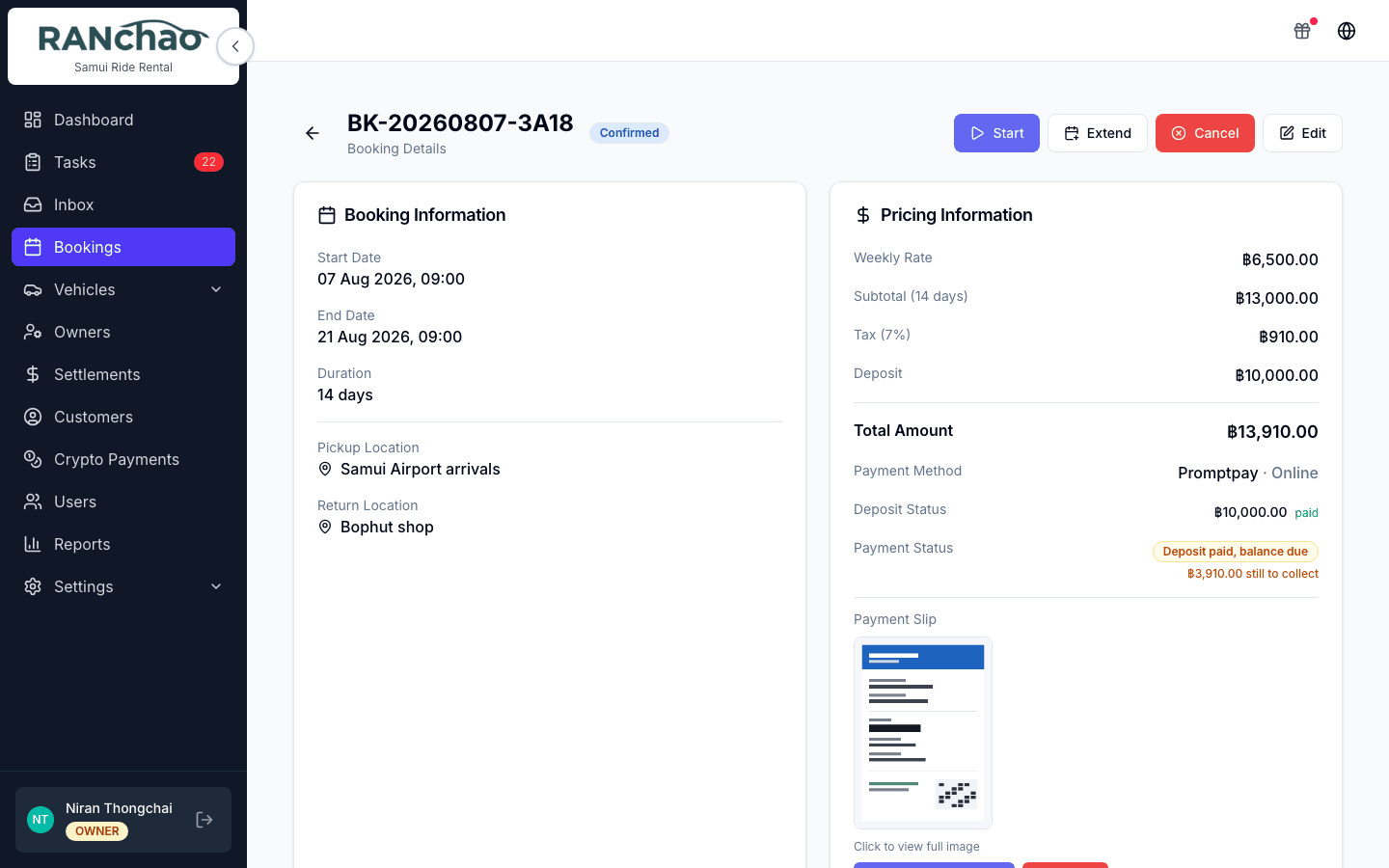A confirmed booking: dates, vehicle, the money block and the deposit state