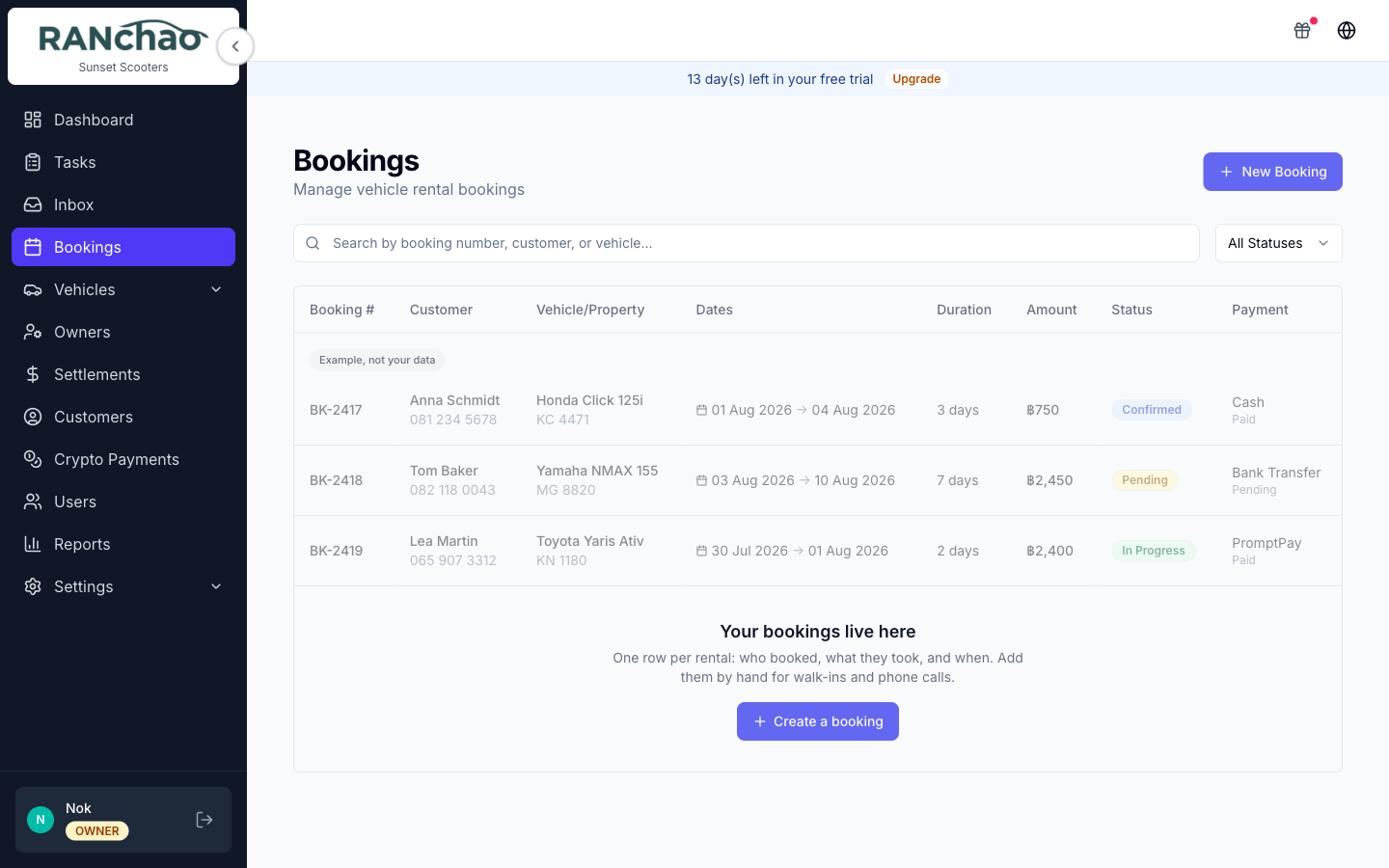 An empty bookings page shows what it will look like