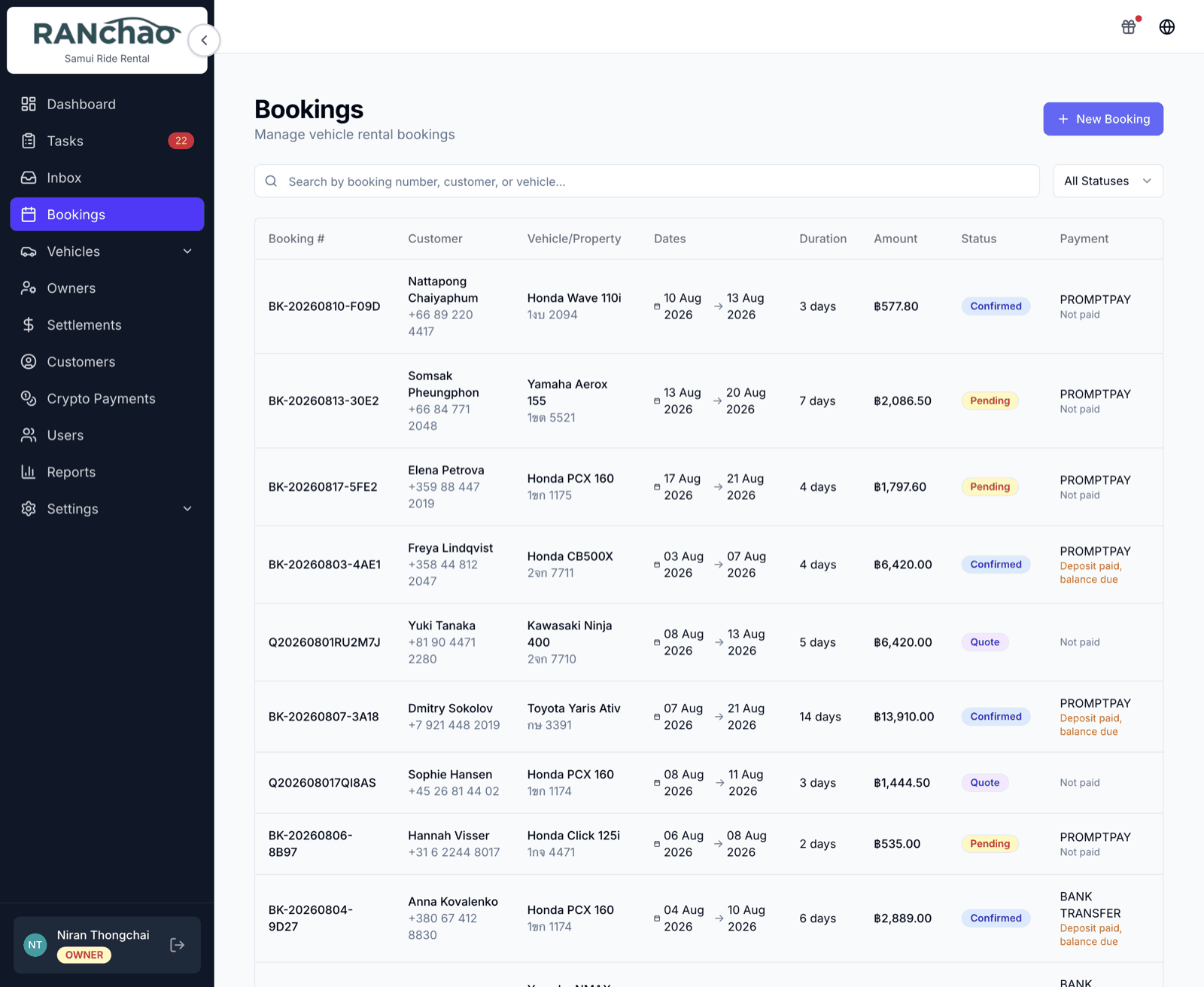 The bookings list, rows in a spread of statuses from Quote and Pending through Confirmed and Completed