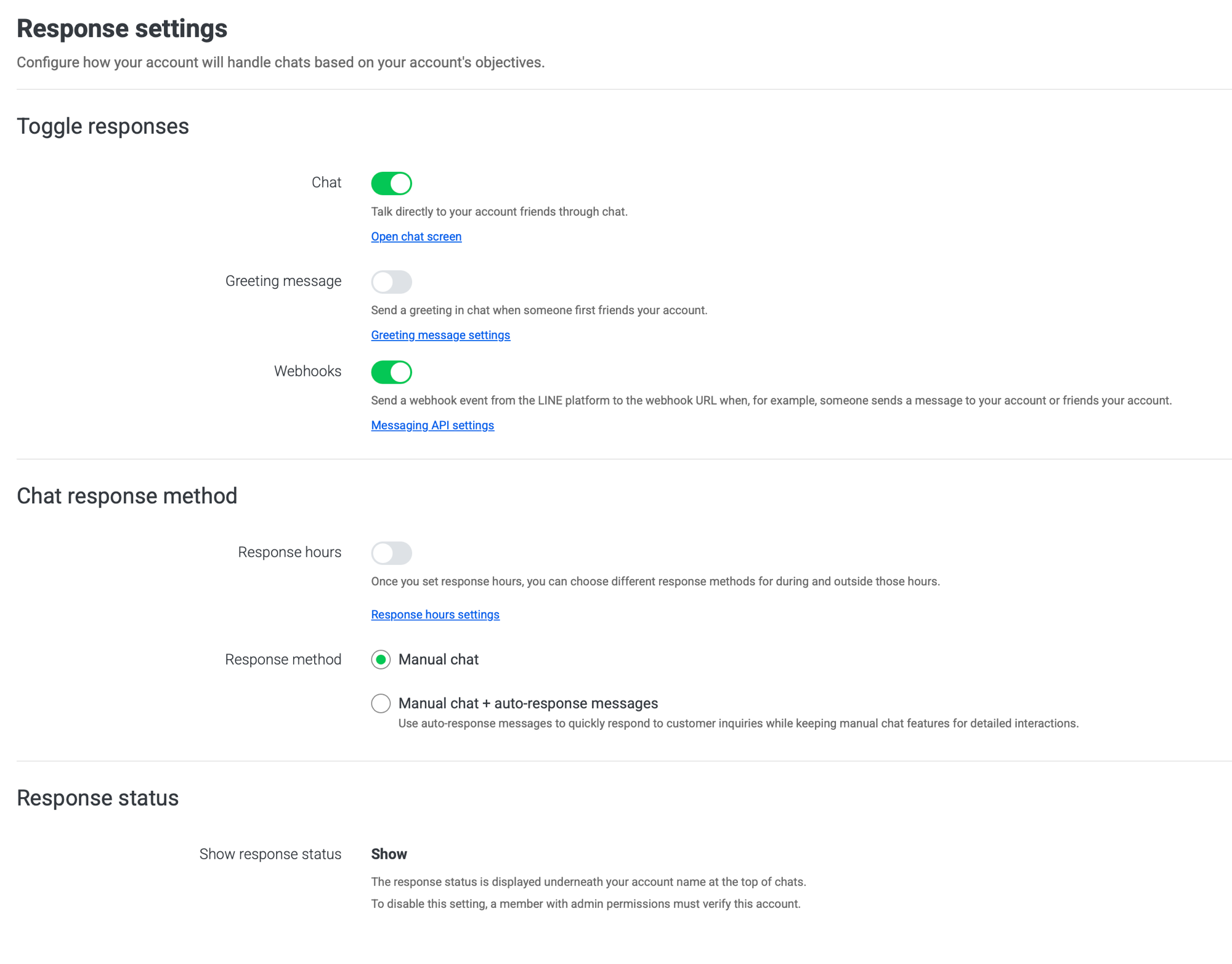Response settings in the LINE Official Account Manager: Chat on, Greeting message off, Webhooks on, and the response method set to Manual chat