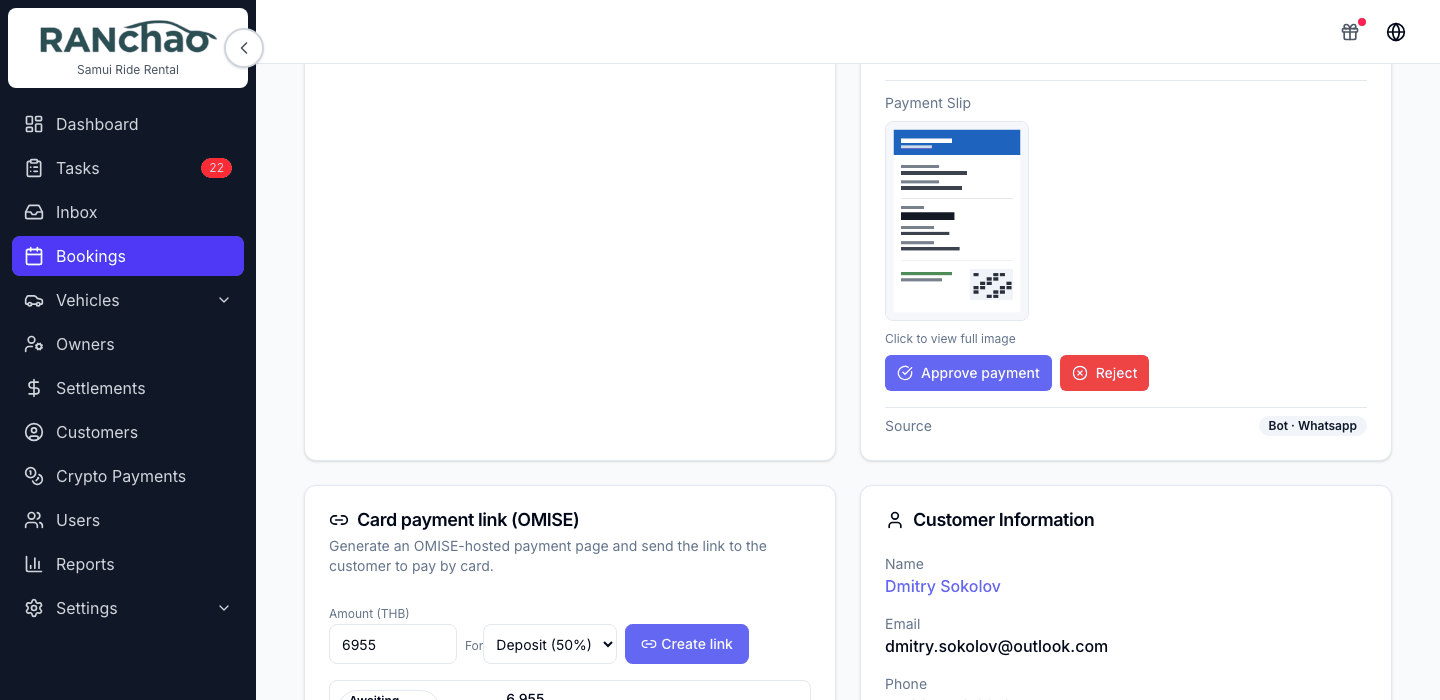 A booking with an uploaded payment slip image and the Approve payment and Reject controls beside it