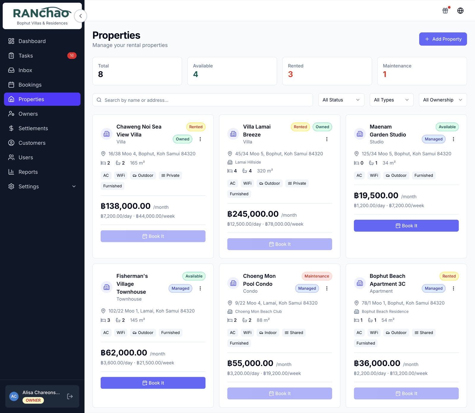 The Properties list, showing several properties with their nightly rates