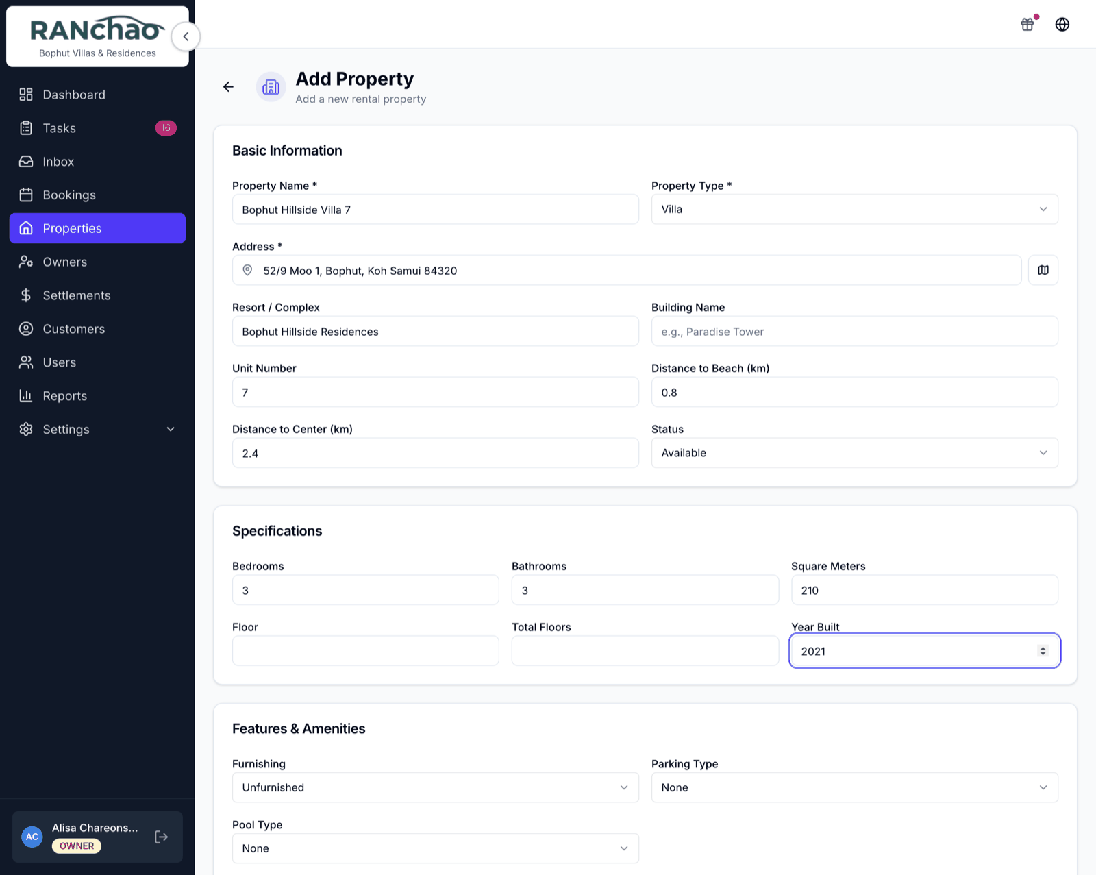 The Add Property form, part filled with a name, a type and a nightly rate