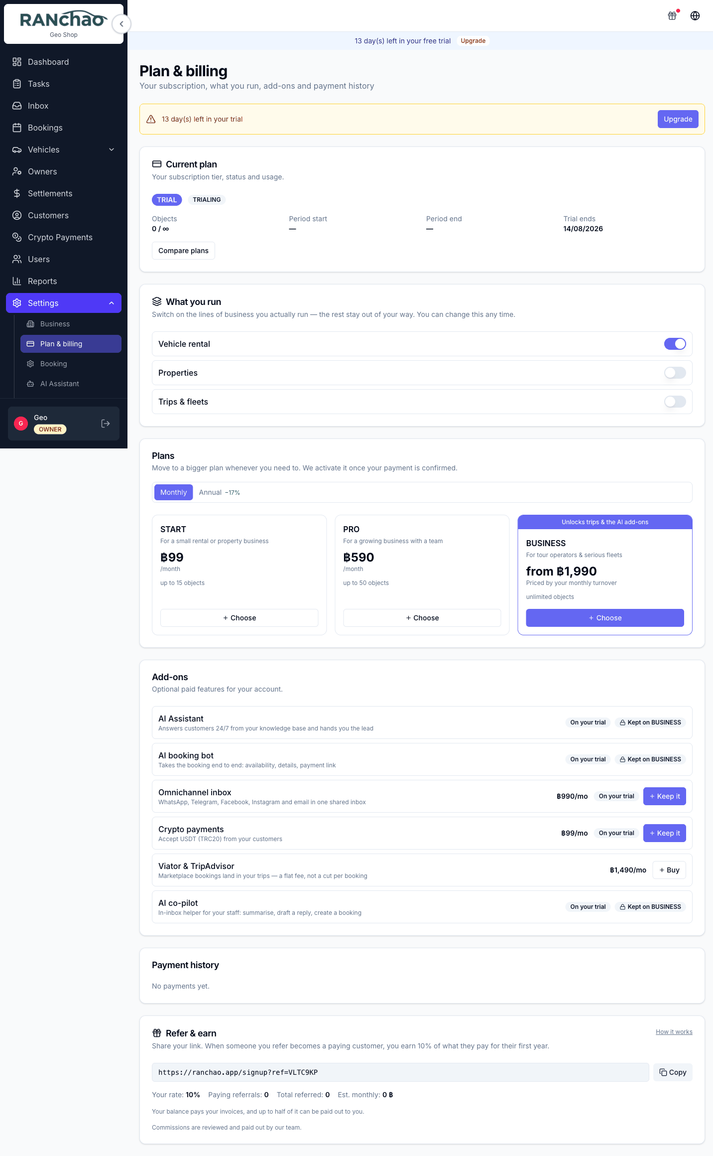 Plan and add-ons, with each add-on priced and a Buy button