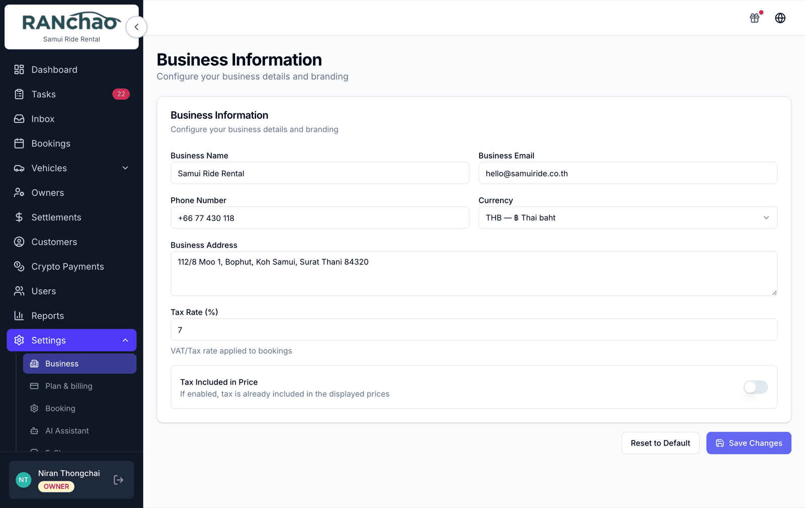 Business settings, with the shop name, contact email and phone, address and the currency picker