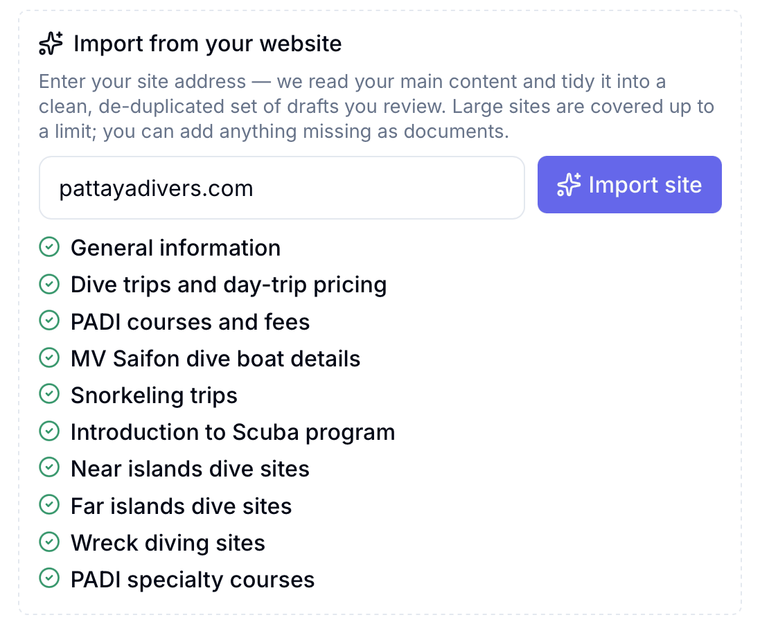 Import from your website: a site address typed in, and beneath it the list of drafts it produced, each with a green tick