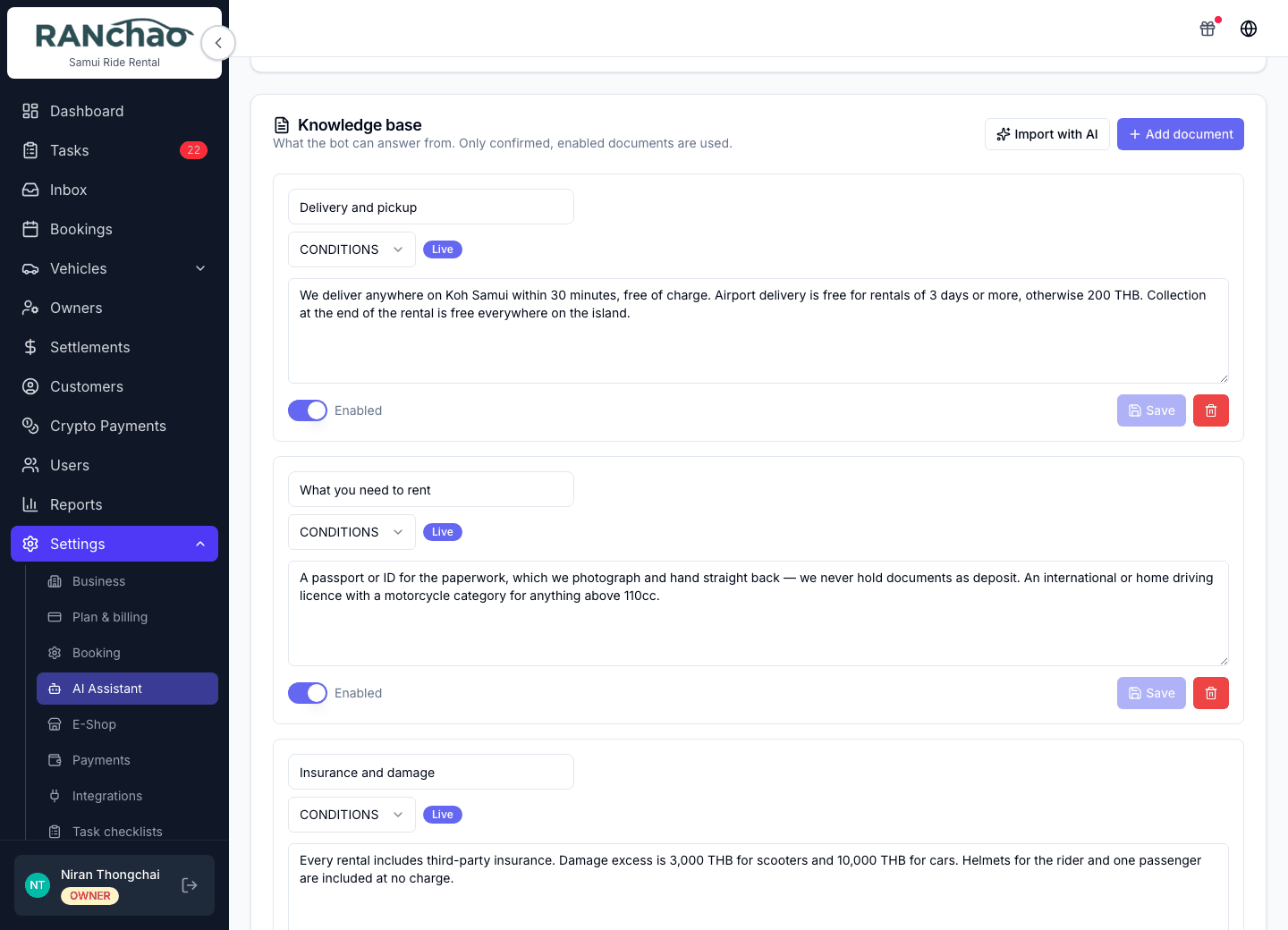 The knowledge base: each document with its category, a Live badge and an Enabled switch, and the Import with AI button above