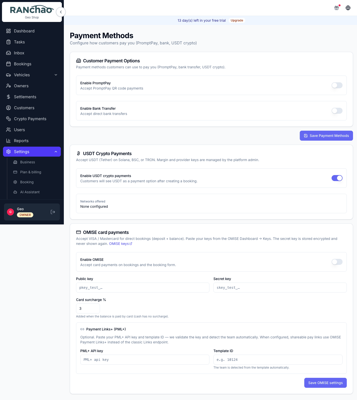 Settings, Payment Methods, with the PromptPay, bank transfer and Omise cards