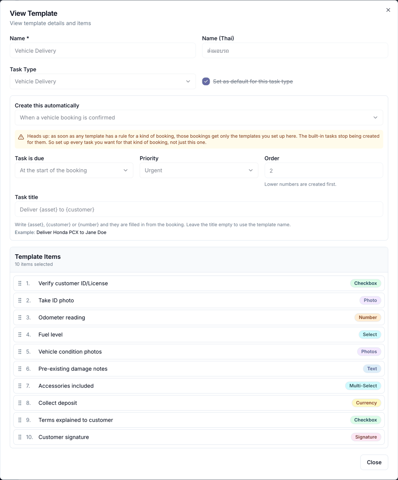 A task checklist template with its auto-creation rule and its checklist items