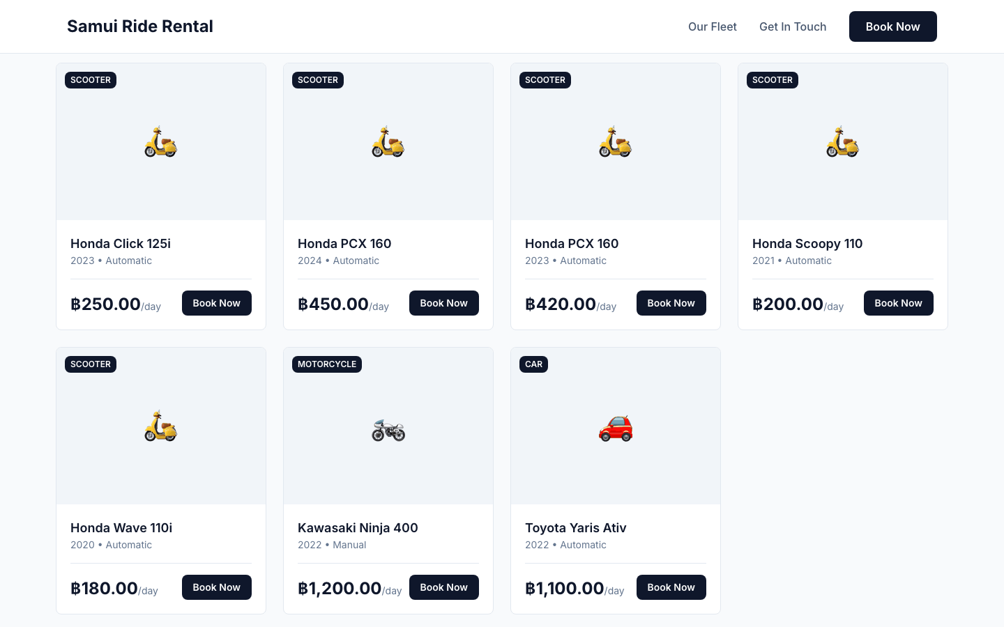 The live storefront as a customer sees it: a card per vehicle with its type, year, transmission and daily price, and a Book Now button