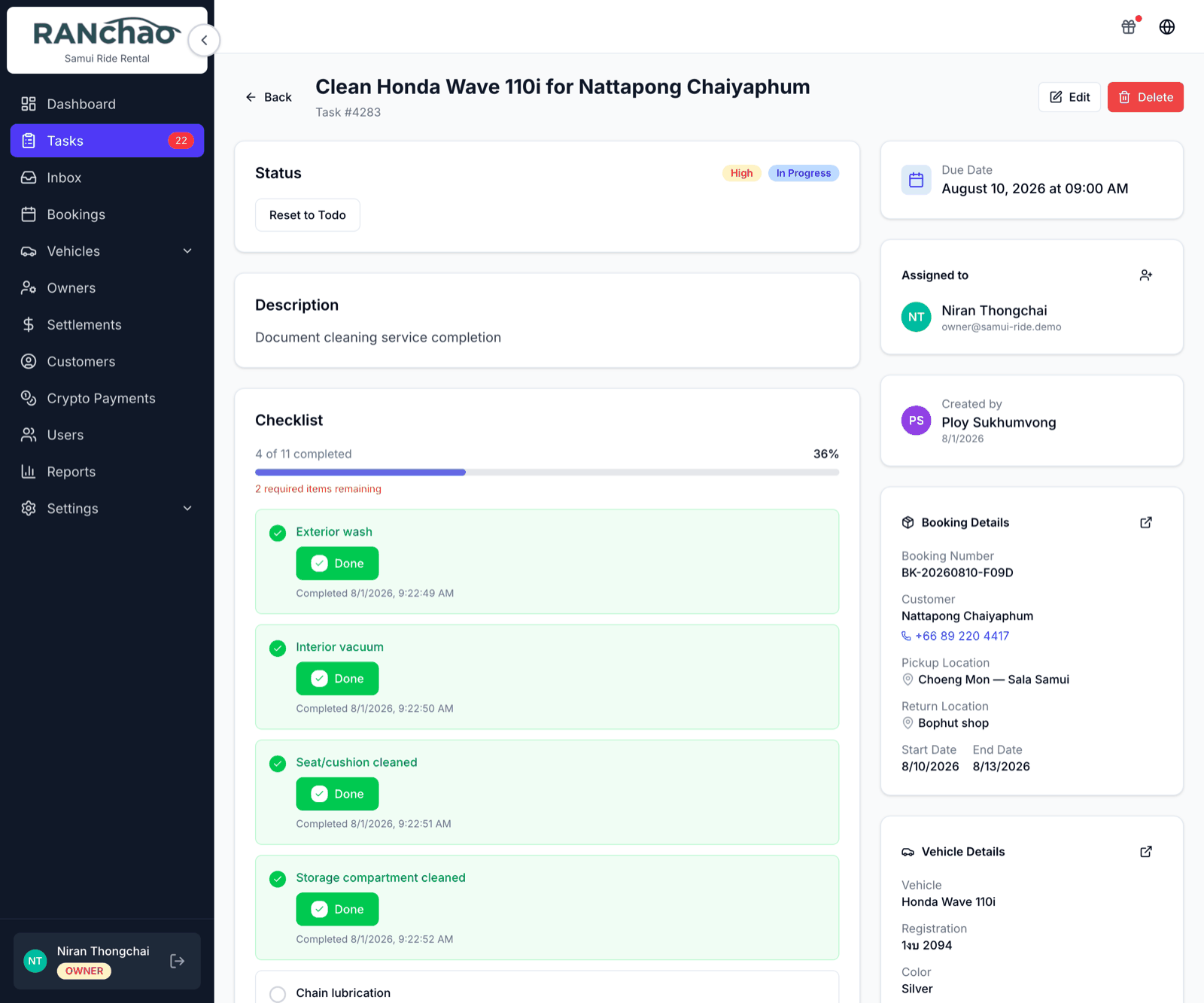 A cleaning task open, with its checklist part ticked
