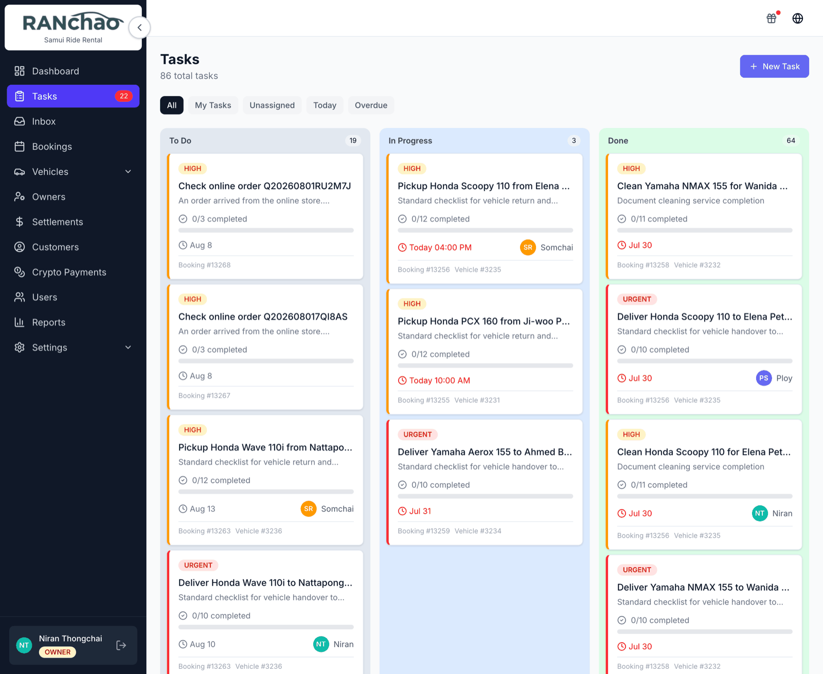 The Tasks board with cleaning, delivery and pickup jobs, several of them unassigned