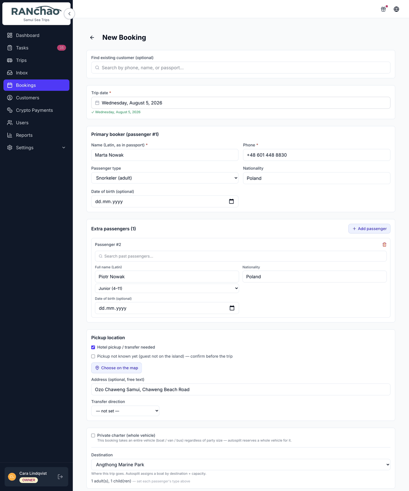 The new trip booking form with a destination, a date and the passenger breakdown filled in