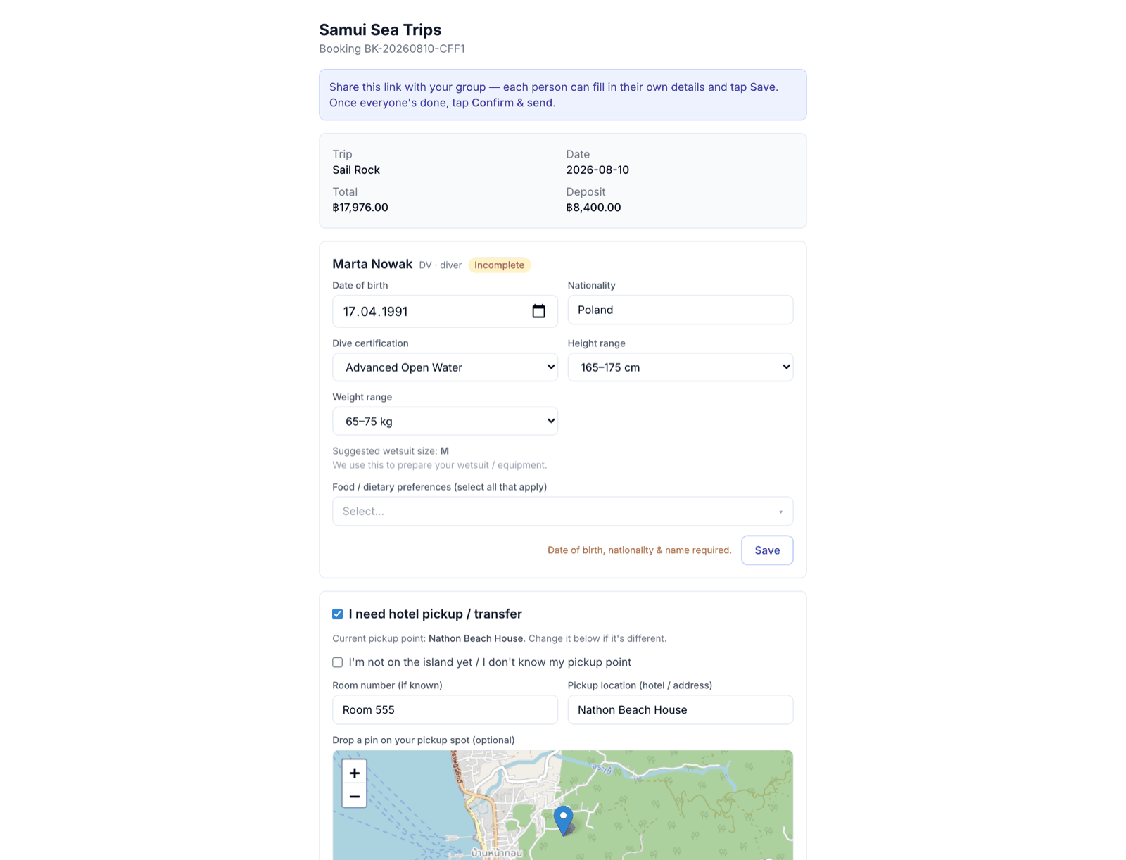 The public guest-details form as a customer sees it, part filled with passenger and passport details