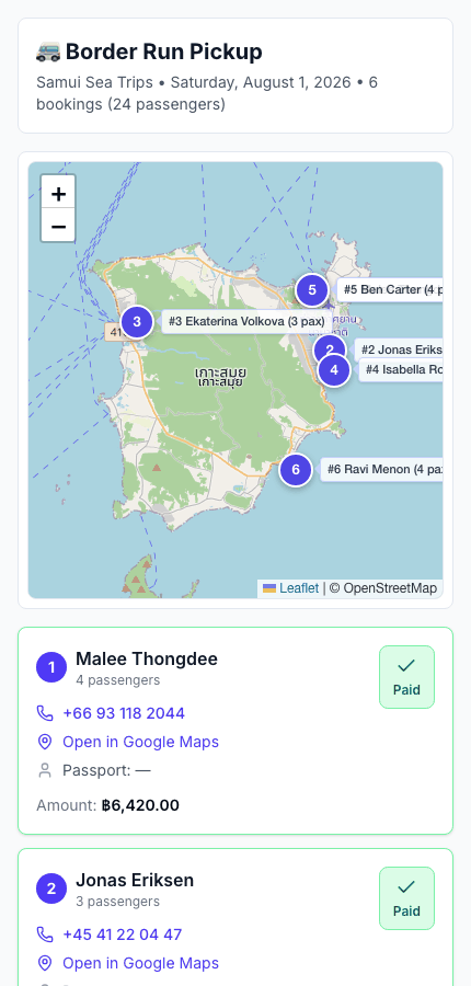 The driver's view on a phone: a map of the island with numbered pickup points, and a card per passenger showing name, party size, phone and paid status