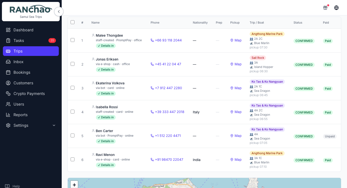 The passenger list: name and source, phone, destination with its boat and pickup time, the booking status and a Paid or Unpaid badge