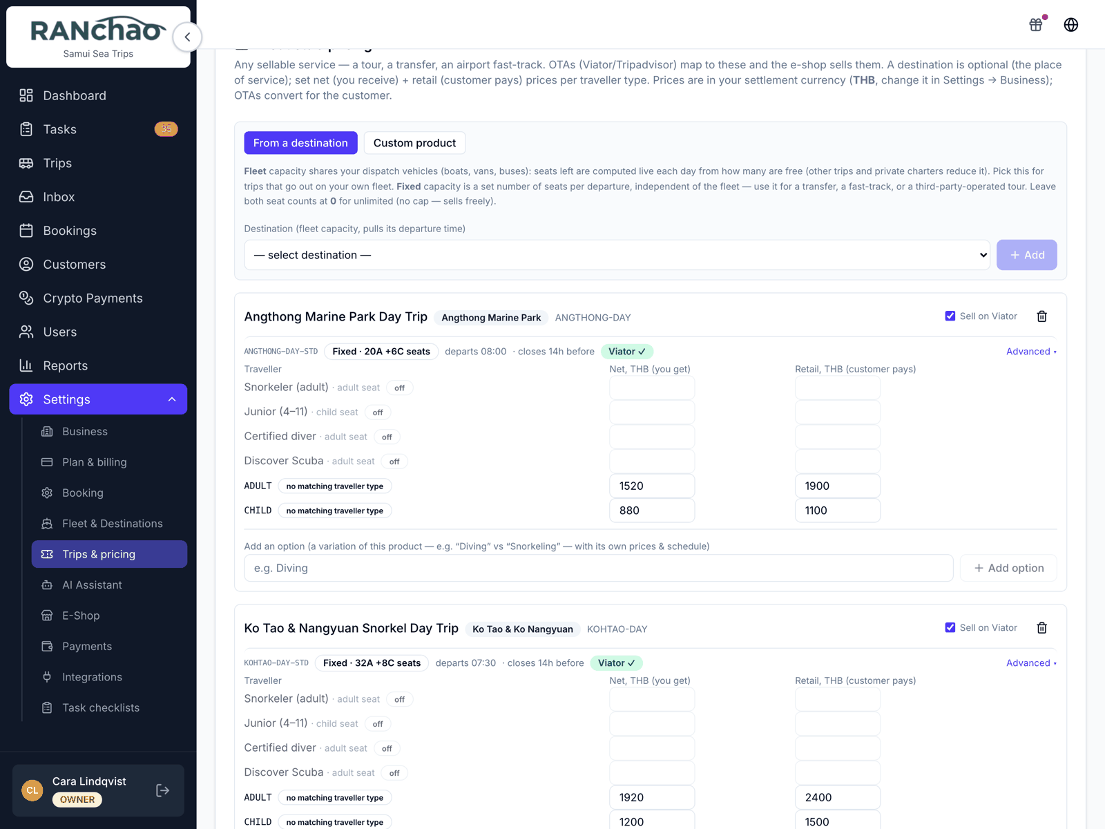 Settings, Trips and pricing, showing a trip product with its options and a net and retail price for each traveller type