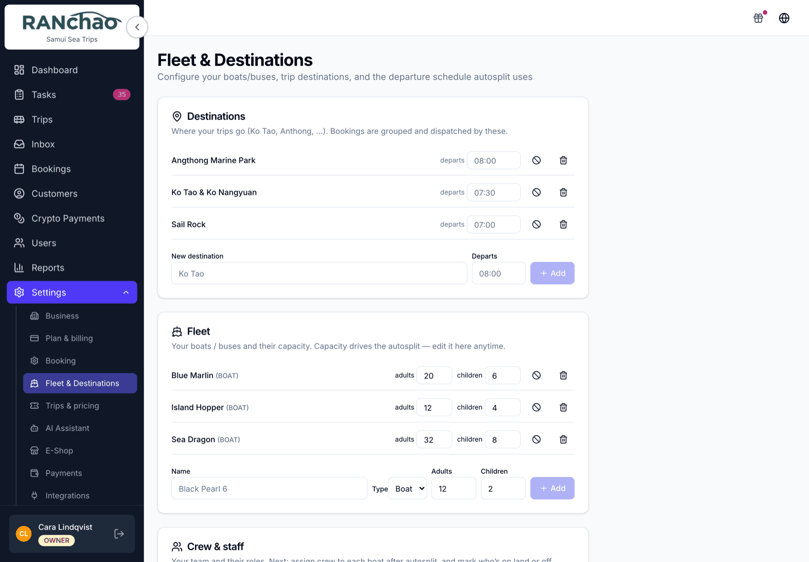 Settings, Fleet and Destinations, listing the destinations a shop runs to and the boats in its fleet with seat counts