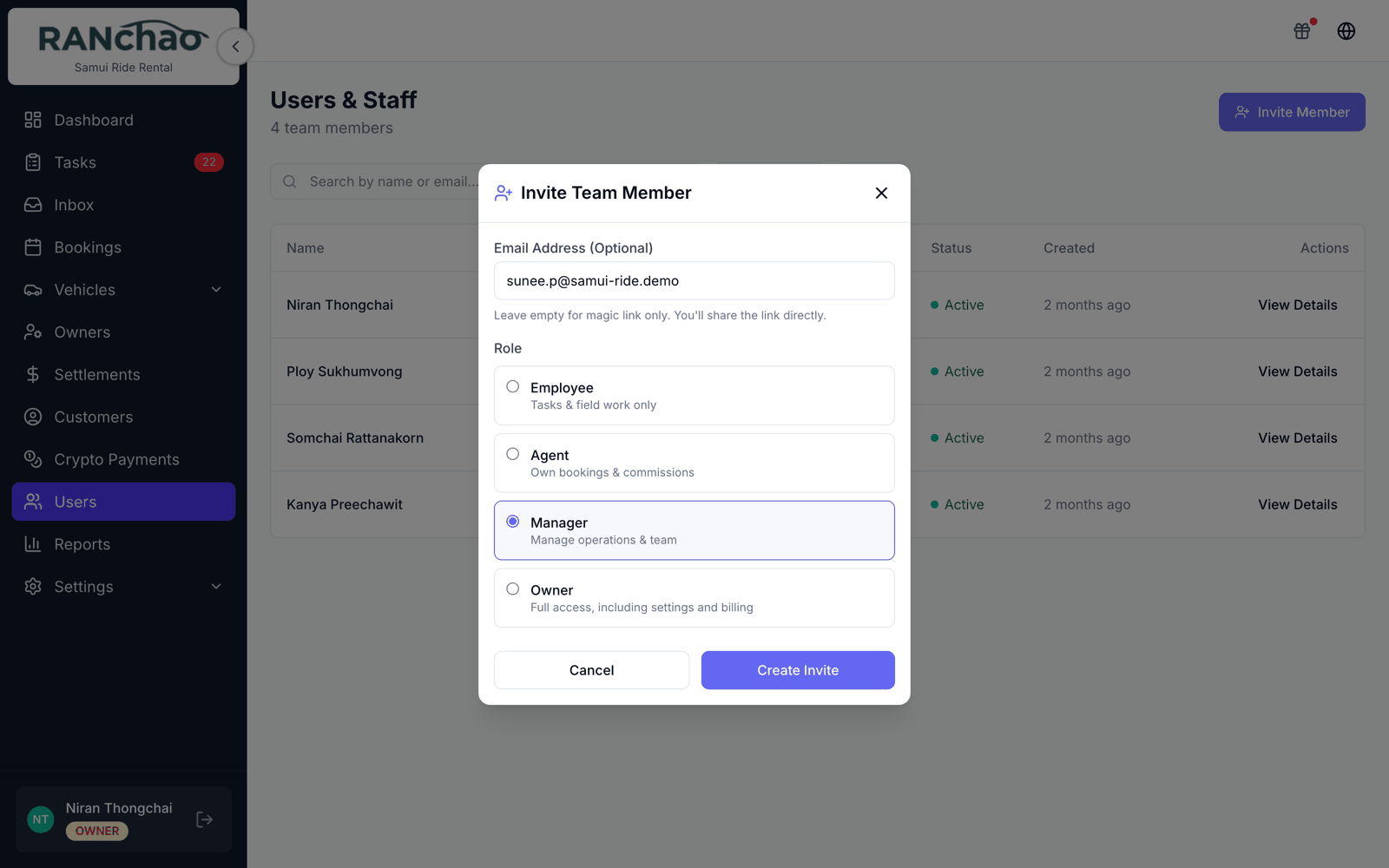 The team list with the invite dialog open on the role picker